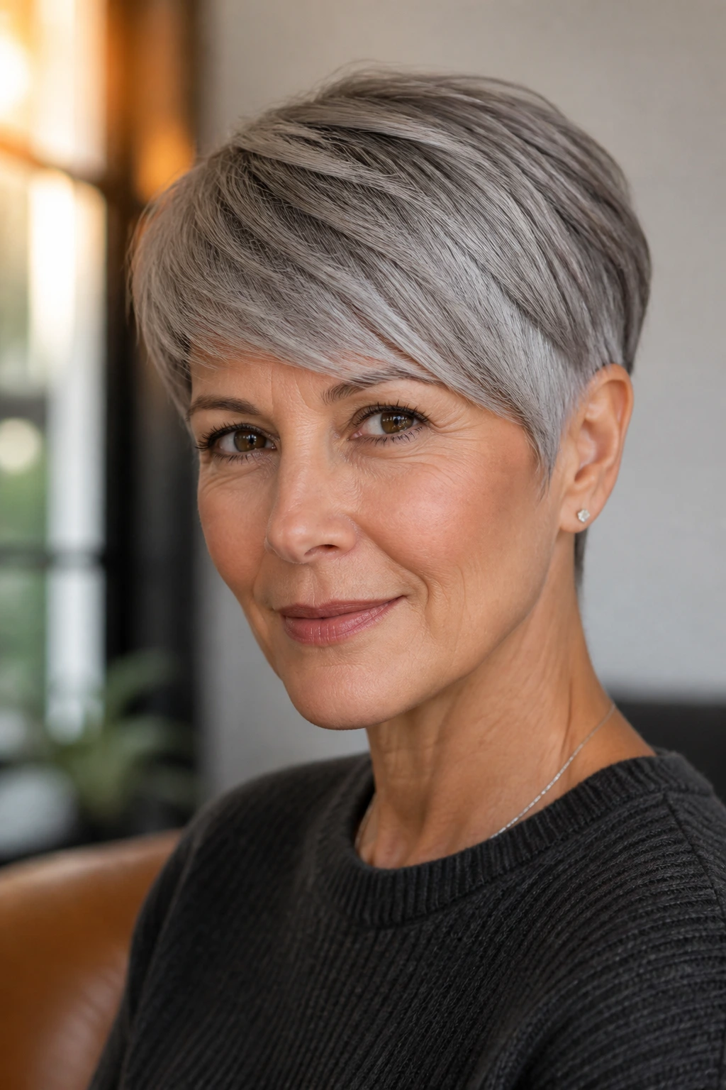 Close-up of a real woman with a pewter cropped hairstyle