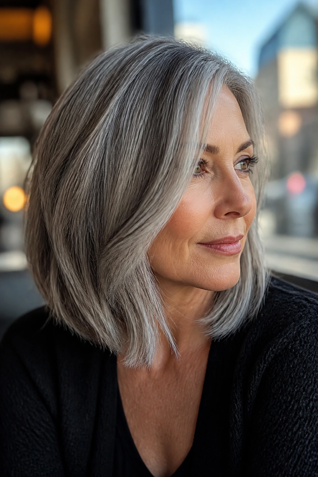 Close-up of a real woman with pewter dimensional lob in gray tones