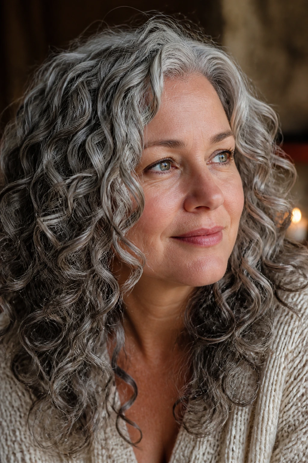 Real woman's curly hair with pewter lowlights adding depth