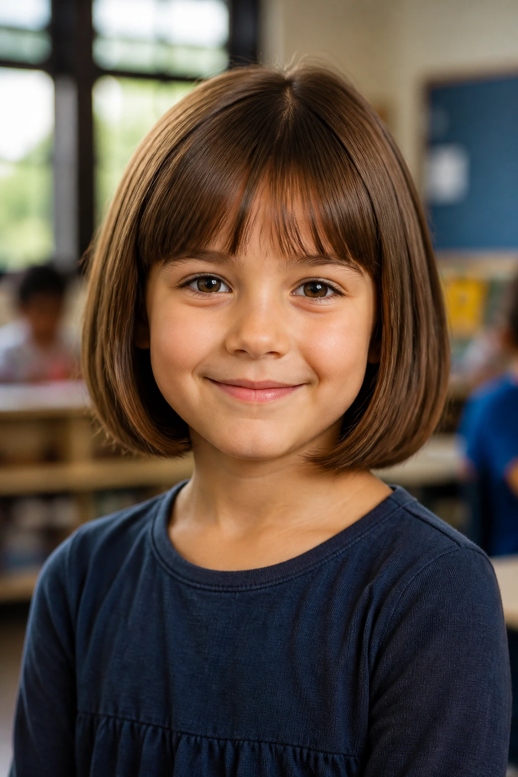 Child with tidy, balanced bob hair ready for a school photo