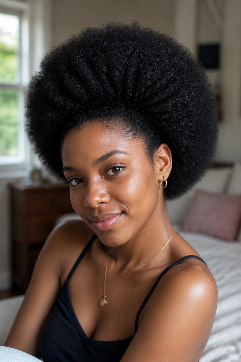 Close-up of a real person with a picked-out rounded Afro on short hair