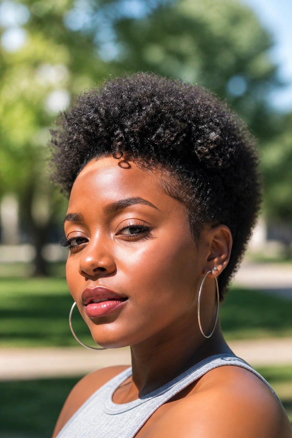 Close-up of a real woman with picked-out coily TWA in airy silhouette outdoors