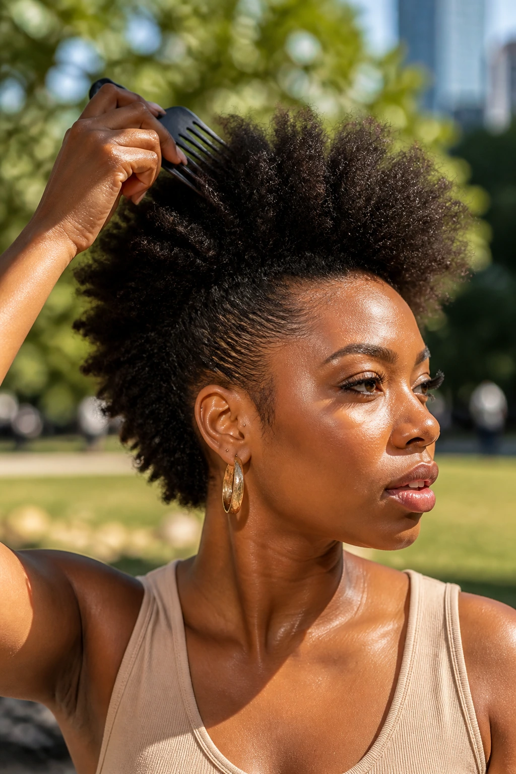 Real person with picked-out natural mohawk showing root lift