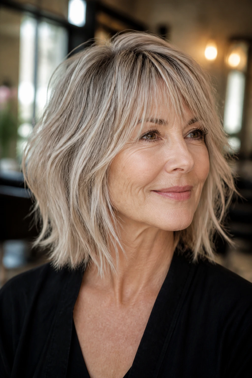 Close-up of a real woman with Piece-Y Lob Shag for Fine Hair showing subtle interior layers and solid perimeter in natural salon light.