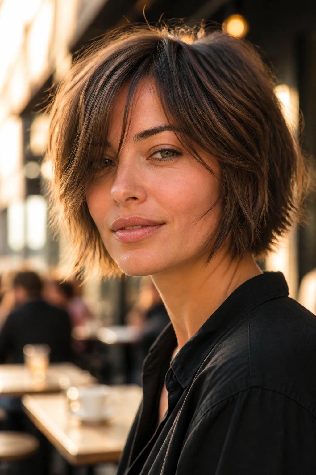 Close-up portrait of a real woman with a piece-y razor cut bob showing textured ends