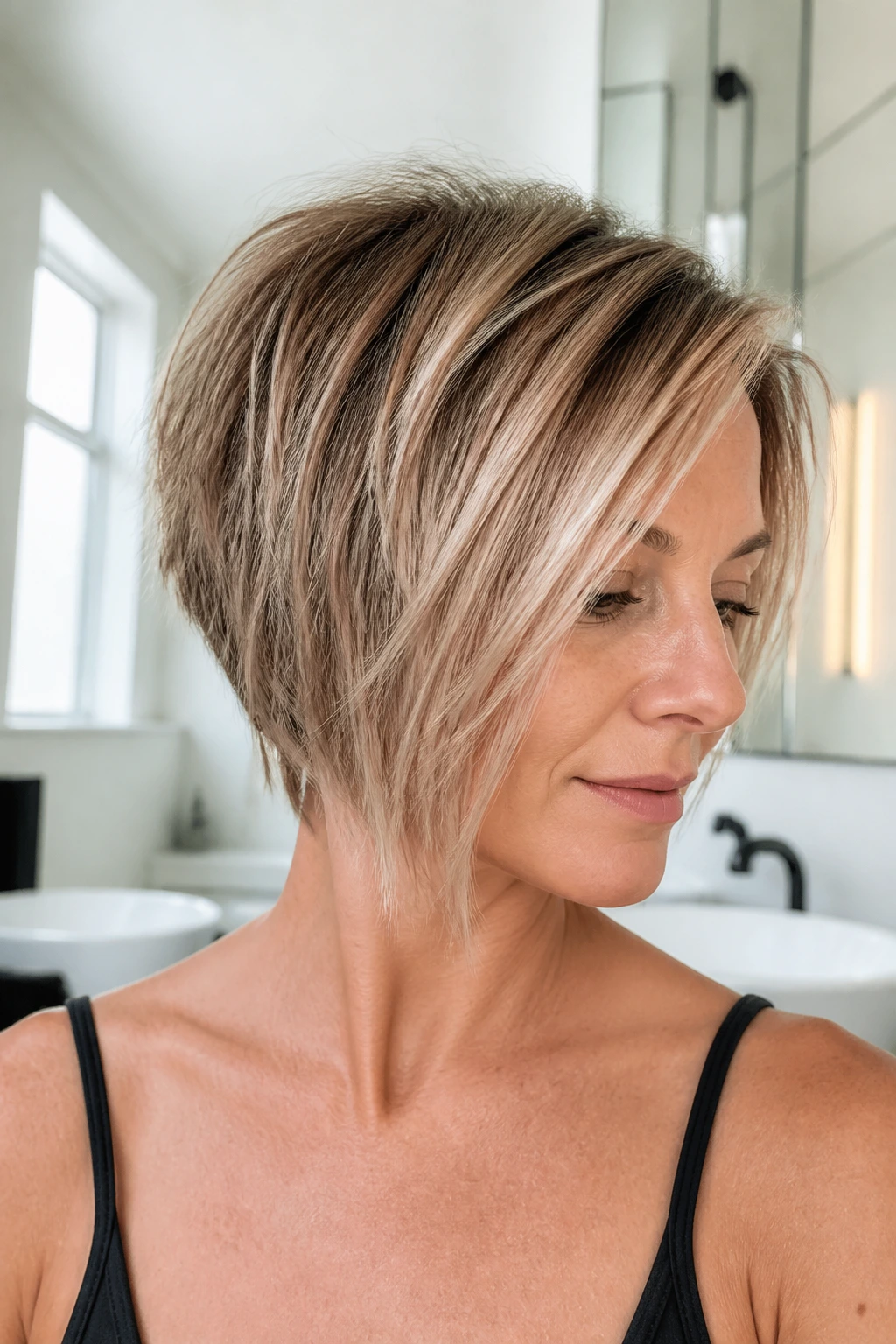 Portrait of a real woman with a piecey asymmetrical bob for fine hair.