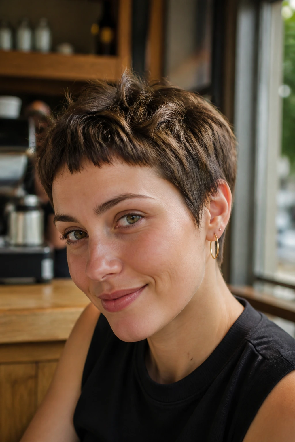 Close-up portrait of a real person with piecey baby-bang pixie hairstyle.