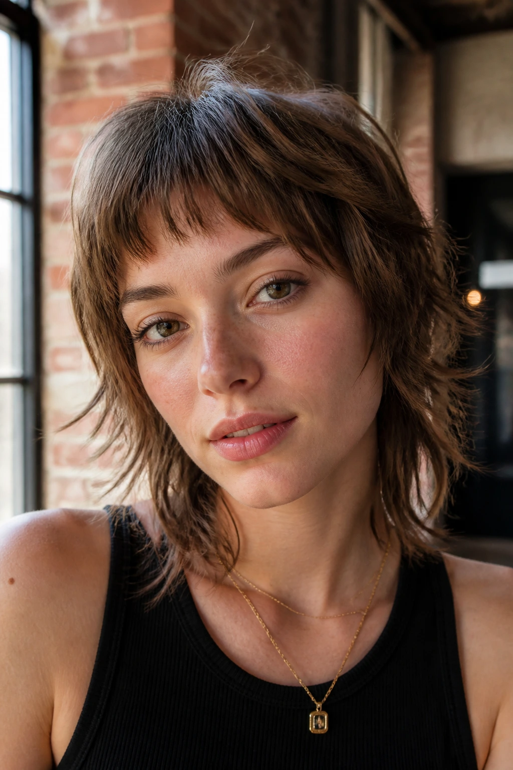 Portrait of a real person with wispy baby bangs and textured shag hairstyle