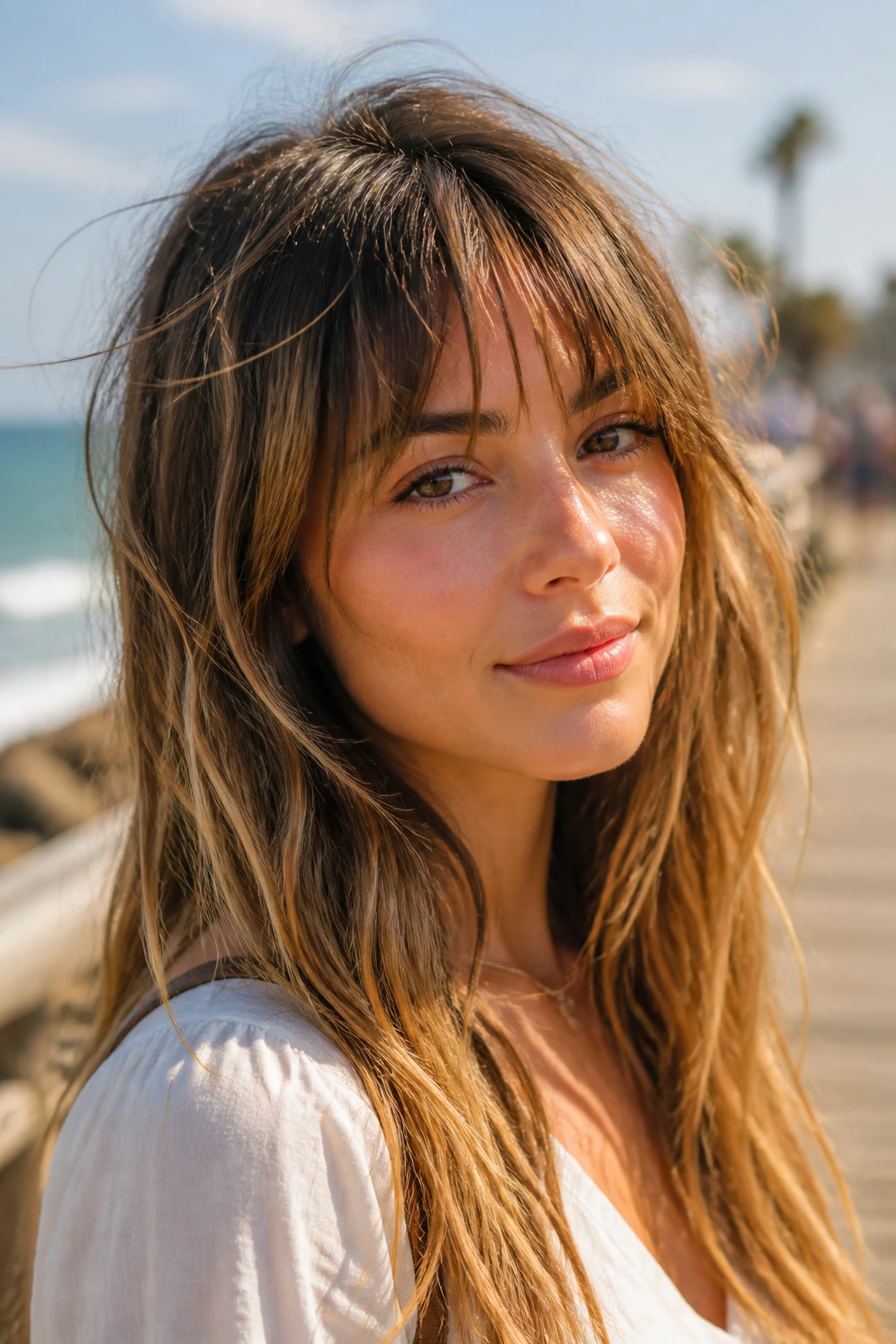 Close-up portrait of a real woman with piecey bangs and beachy texture by the sea.