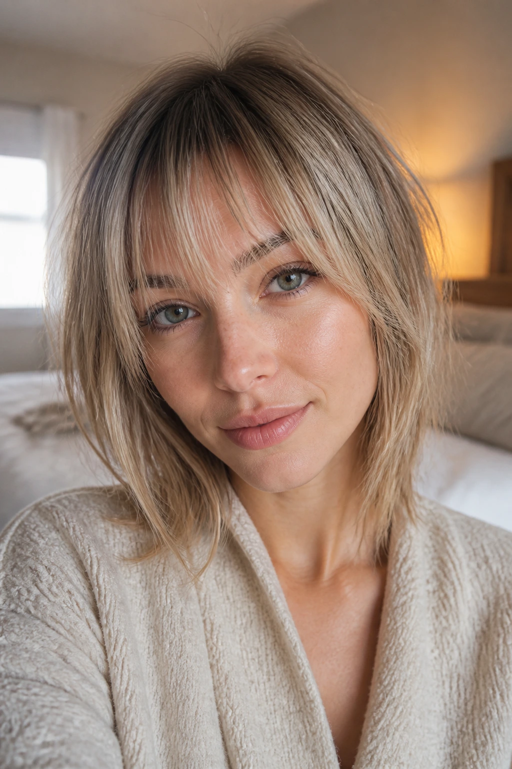 Real woman with piecey bangs for fine hair showing light separation and root lift.