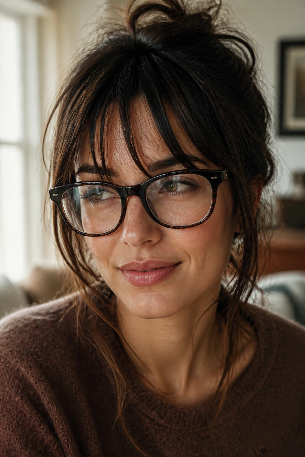 Close-up of a real woman with glasses, showing piecey sliced bangs