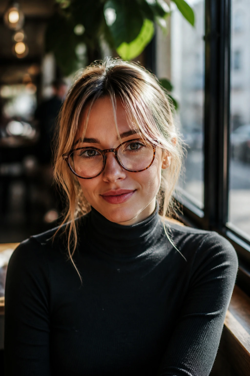 Portrait of a real woman with piecey curtain bangs and glasses in a cafe