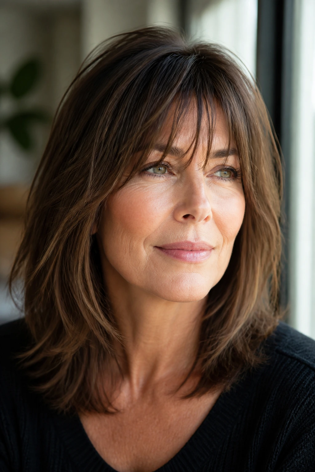 Close-up portrait of a person with piecey eyelash bangs and separated ends