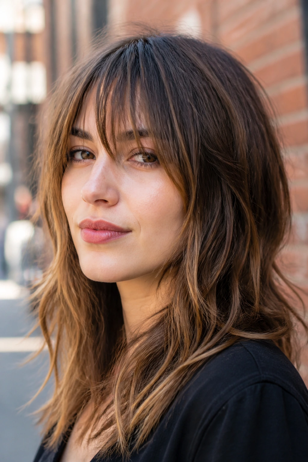 Close-up portrait of a real woman with piecey bangs separated into small sections