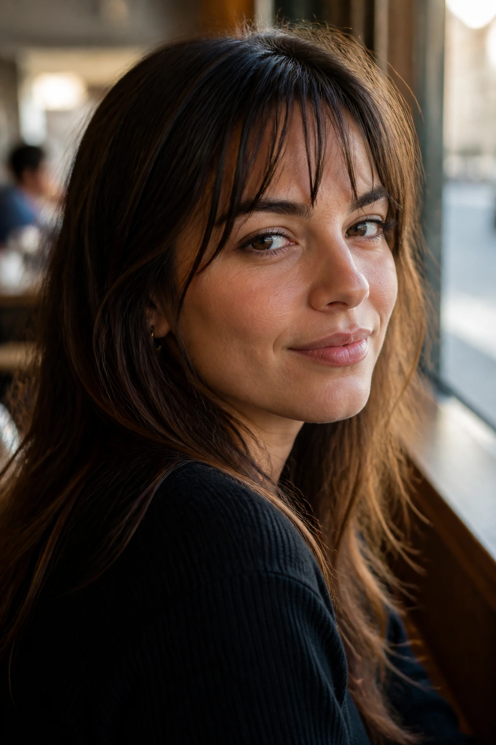 Portrait of a person with piecey bangs separated into small sections in natural cafe light