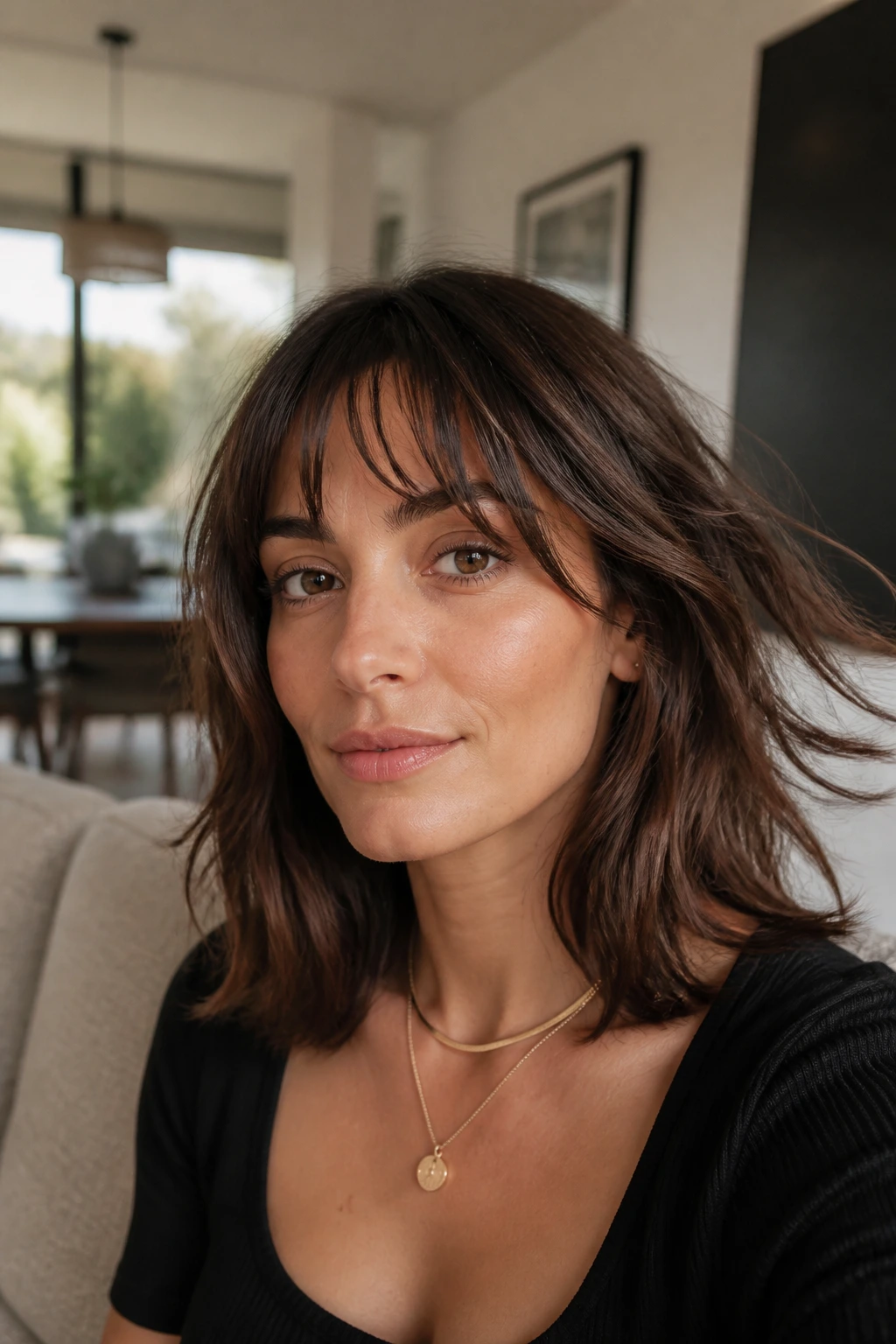 Portrait of a woman with piecey bangs in a cozy living room