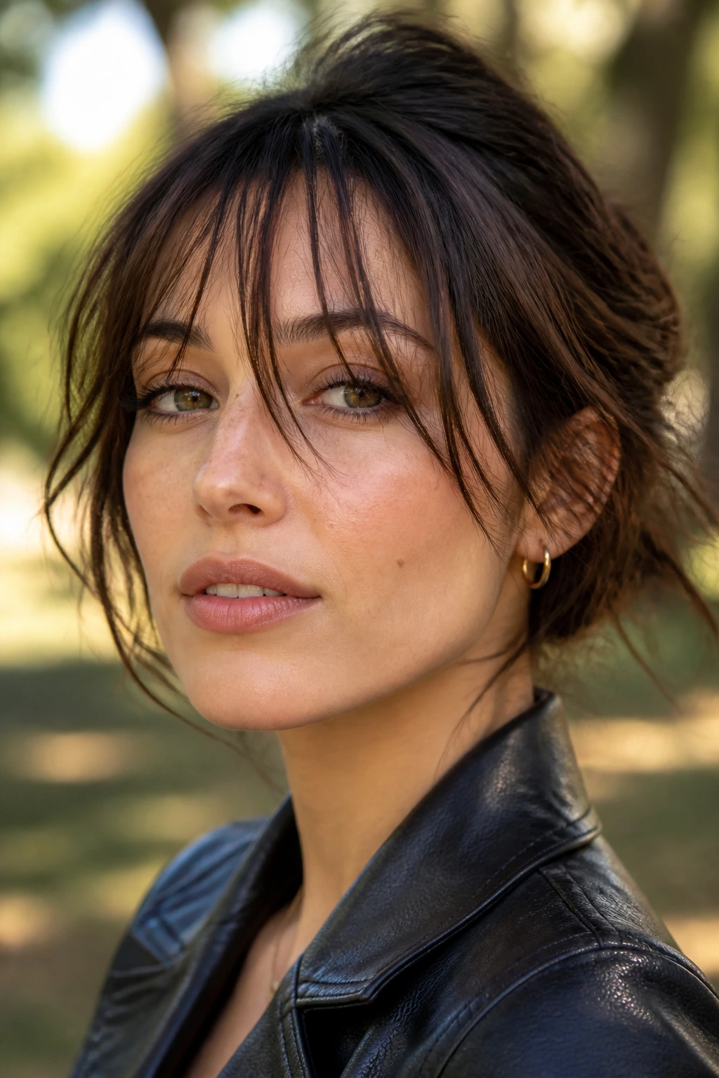 Real woman with piecey bangs showing separate strands outdoors