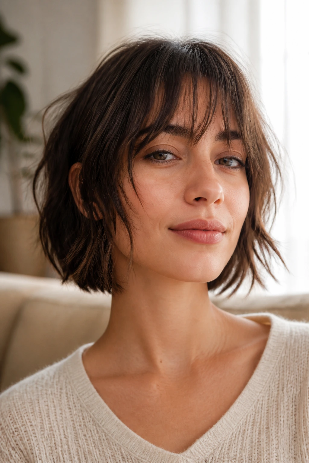 Close-up of a real woman with piecey bangs and textured bob in bright living room light