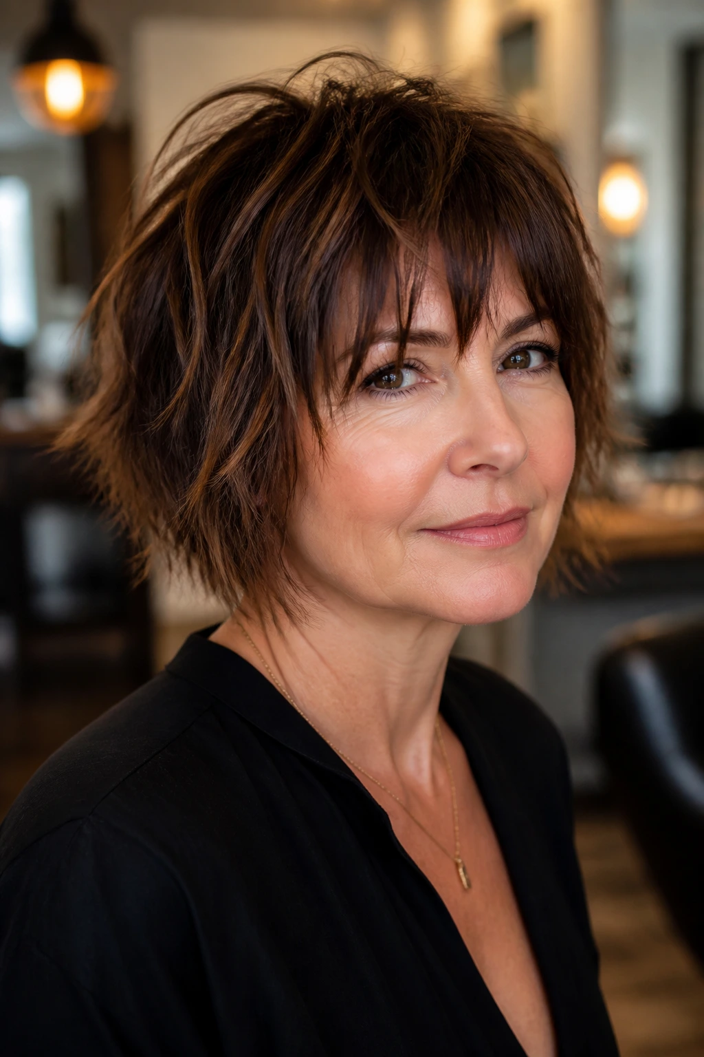 Close-up of a real woman's face showcasing piecey textured bangs with separated strands.