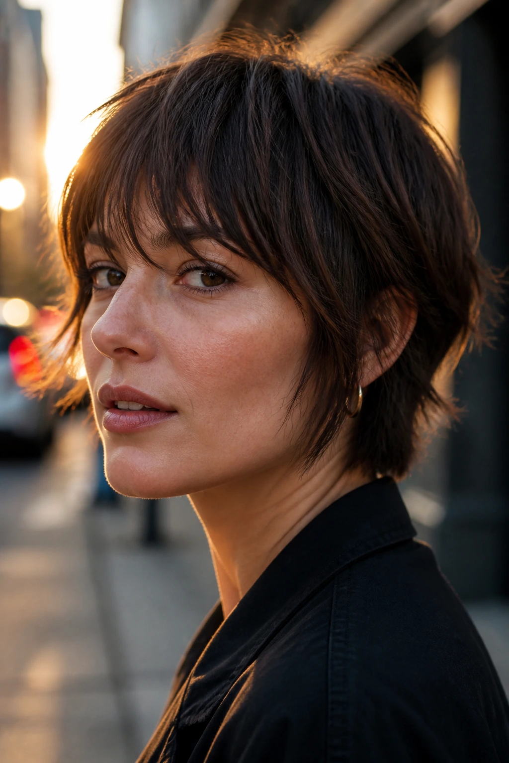 Portrait of a real woman with a piecey bixie bob and micro layers