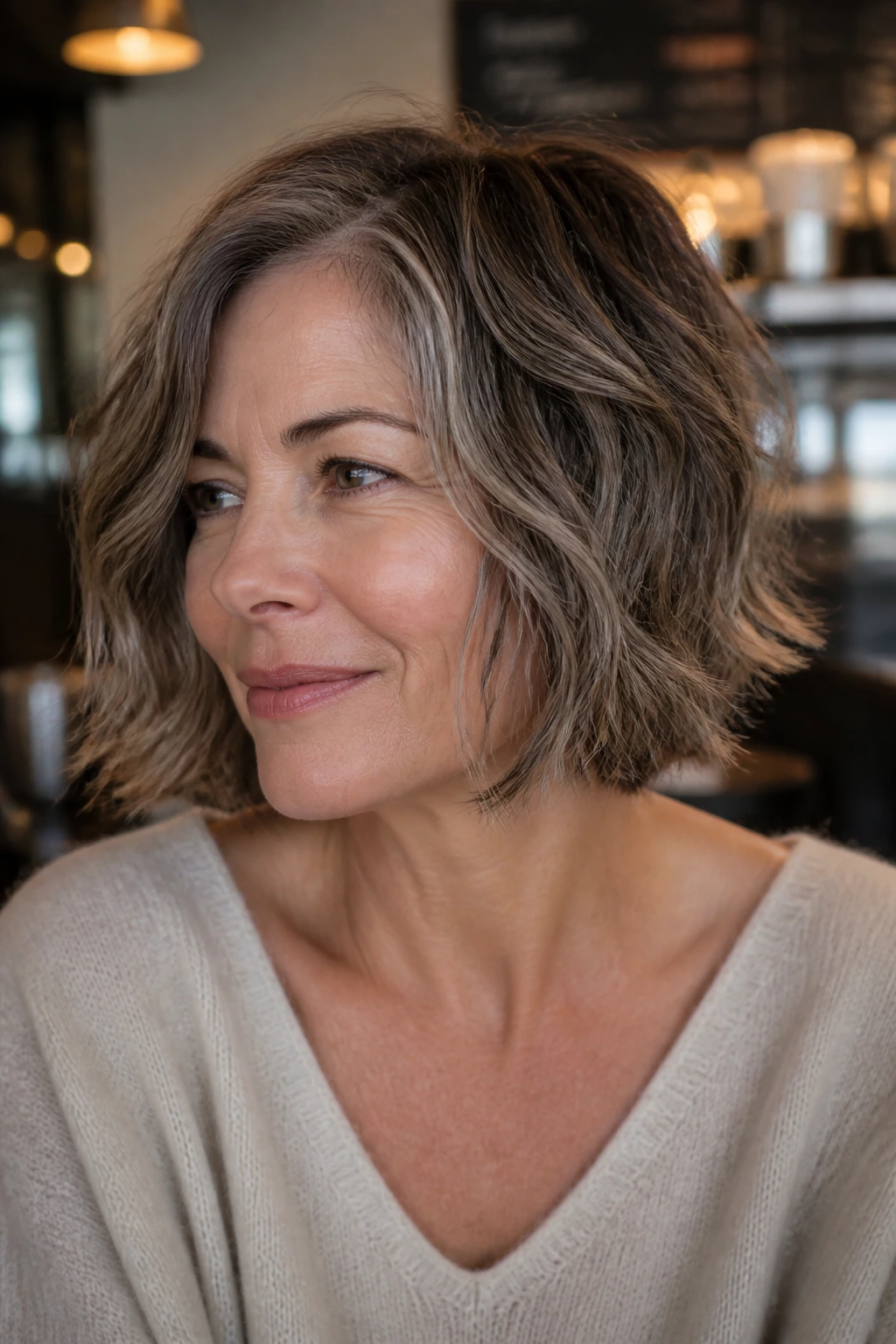 Close-up of a woman with a piecey bob and separated ends in warm cafe light