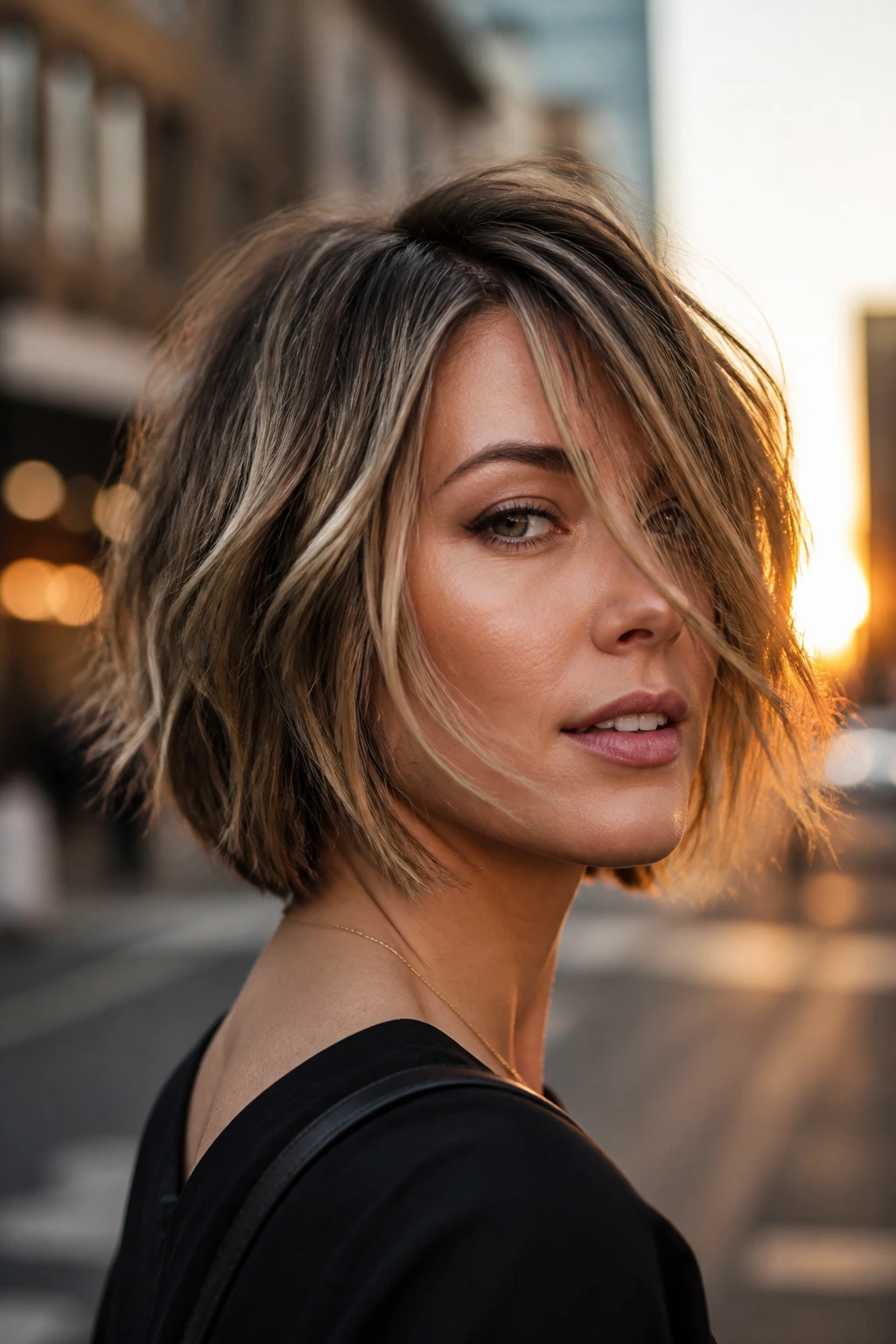 Close-up of real woman with piecey bob and side-sweep fringe on urban street