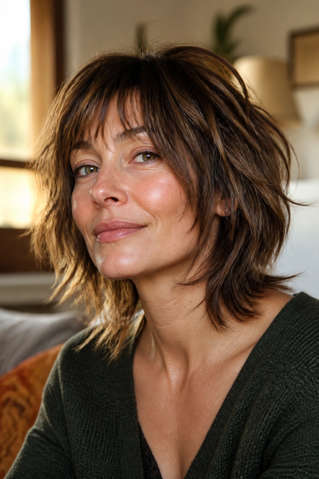 Close-up of a real woman with Piecey Textured Butterfly Shag showing separated layers and wispy bangs in warm daylight