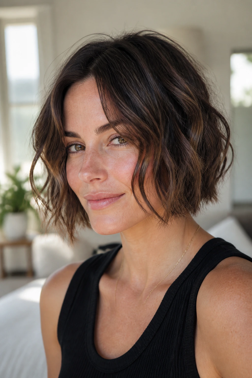 Portrait of a woman with chin-length bob and piecey wave texture
