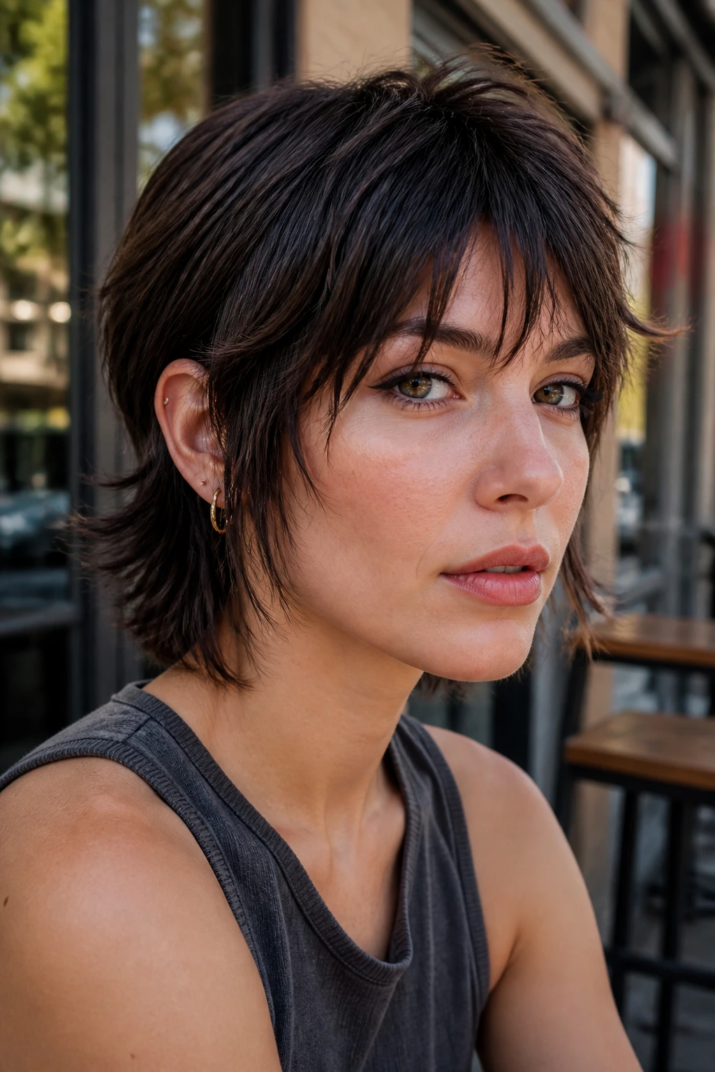 Portrait of a real woman with a piecey chin-length mullet