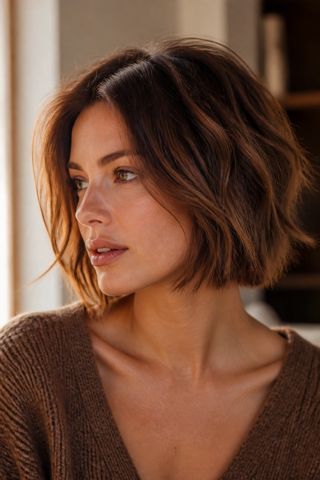 Portrait of a real woman with a piecey choppy bob in warm light