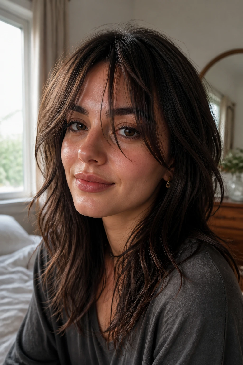 Close-up portrait of a real woman with piecey choppy curtain bangs in soft bedroom light