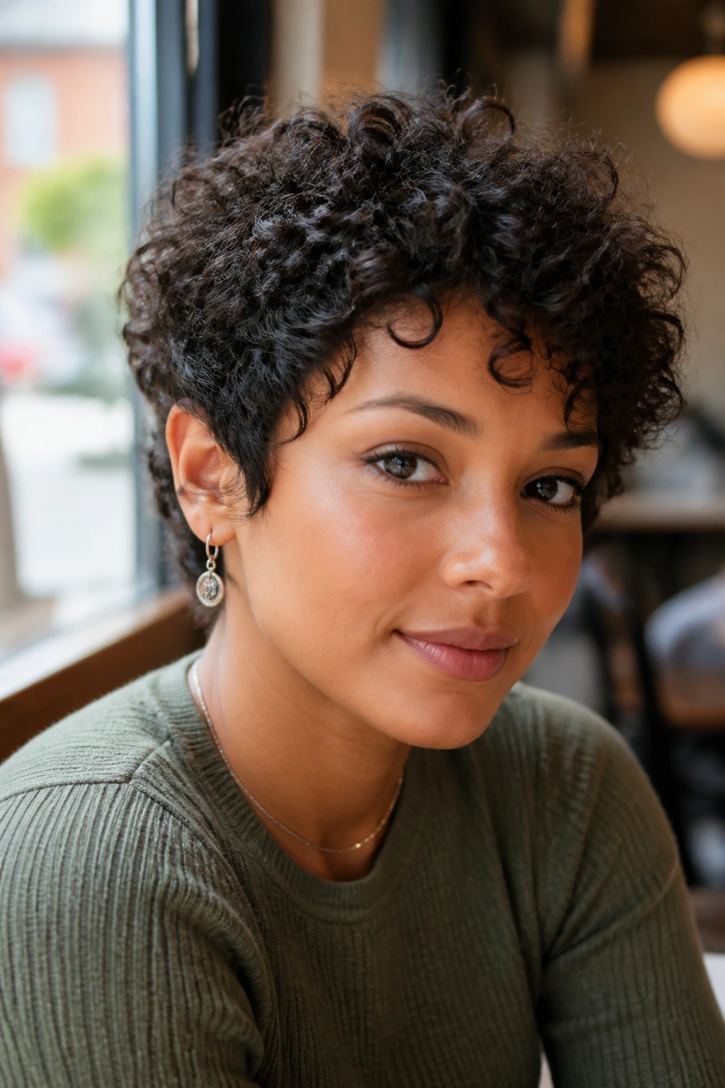 Close-up portrait of a real woman with piecey coil pixie wolf curls.