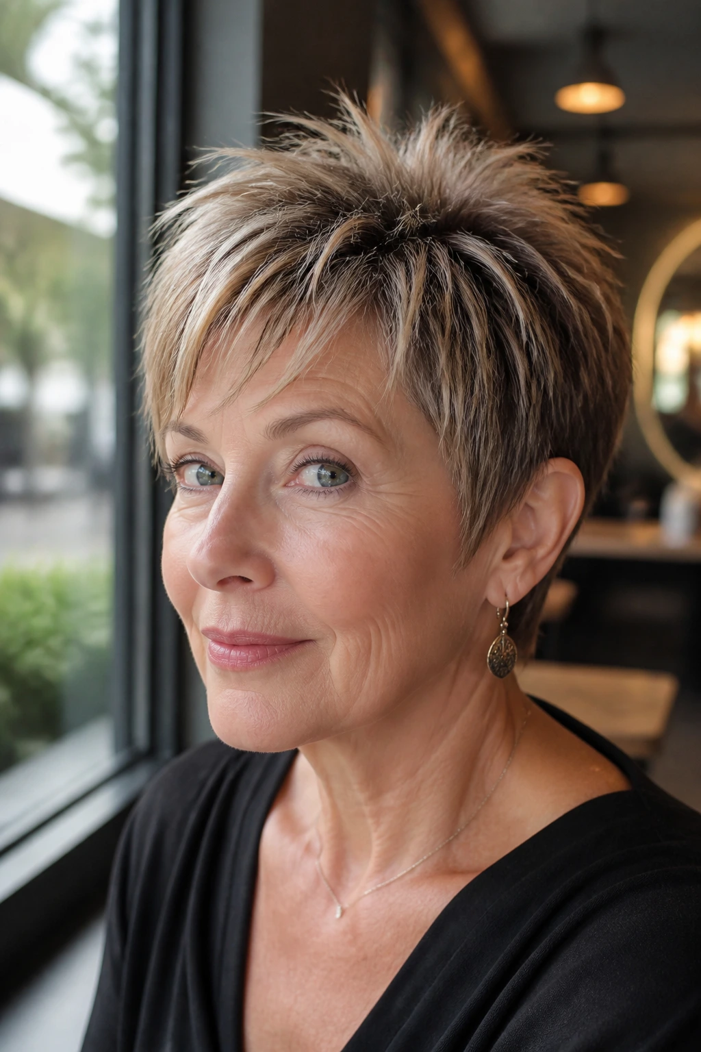 Close-up portrait of a woman with crown lift hairstyle and short sides