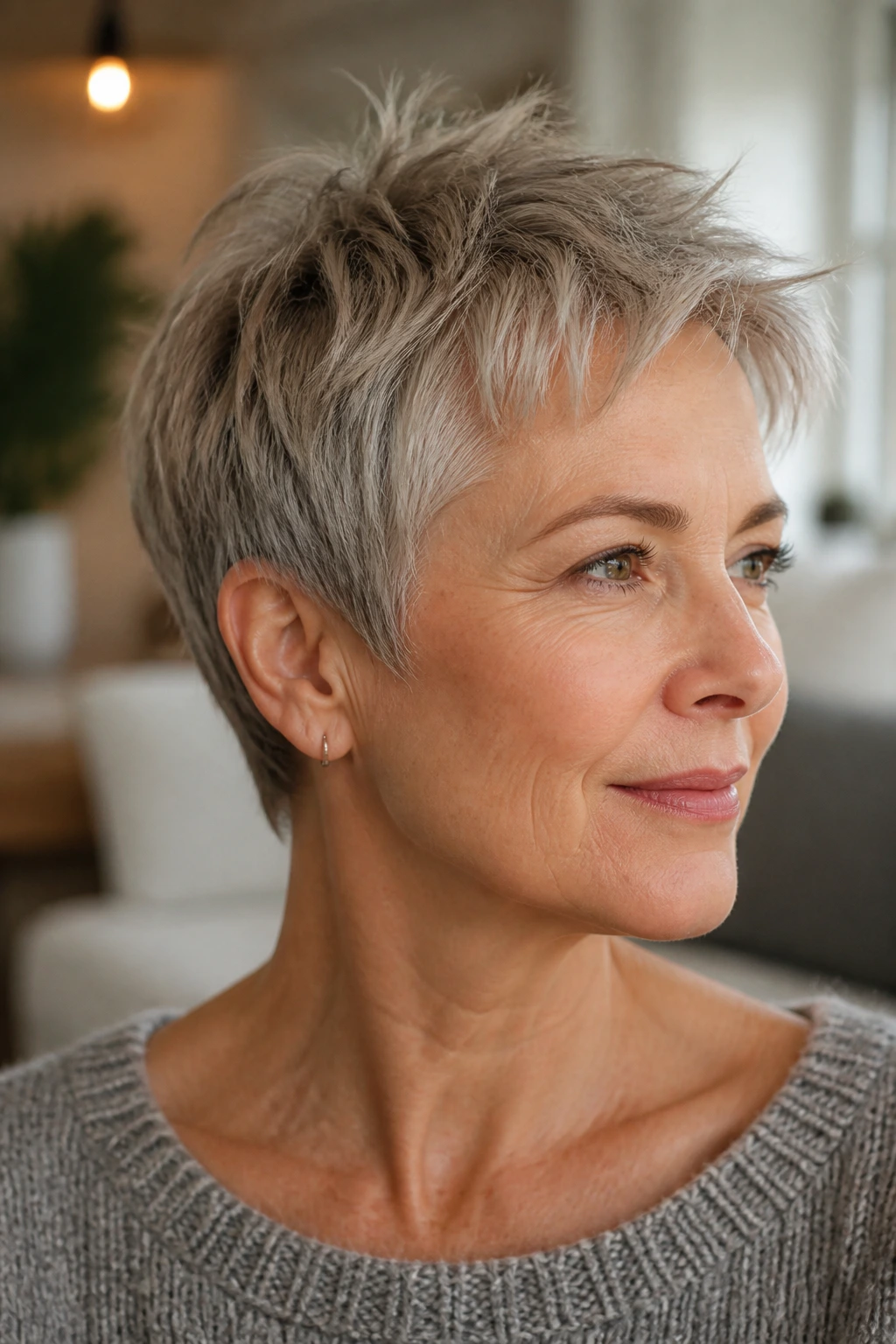 Close-up of a real woman with a piecey crop suitable for fine hair