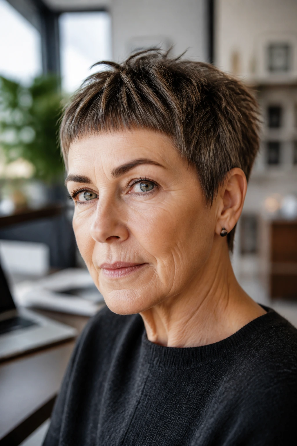 Portrait of a real woman with a piecey crop and micro fringe