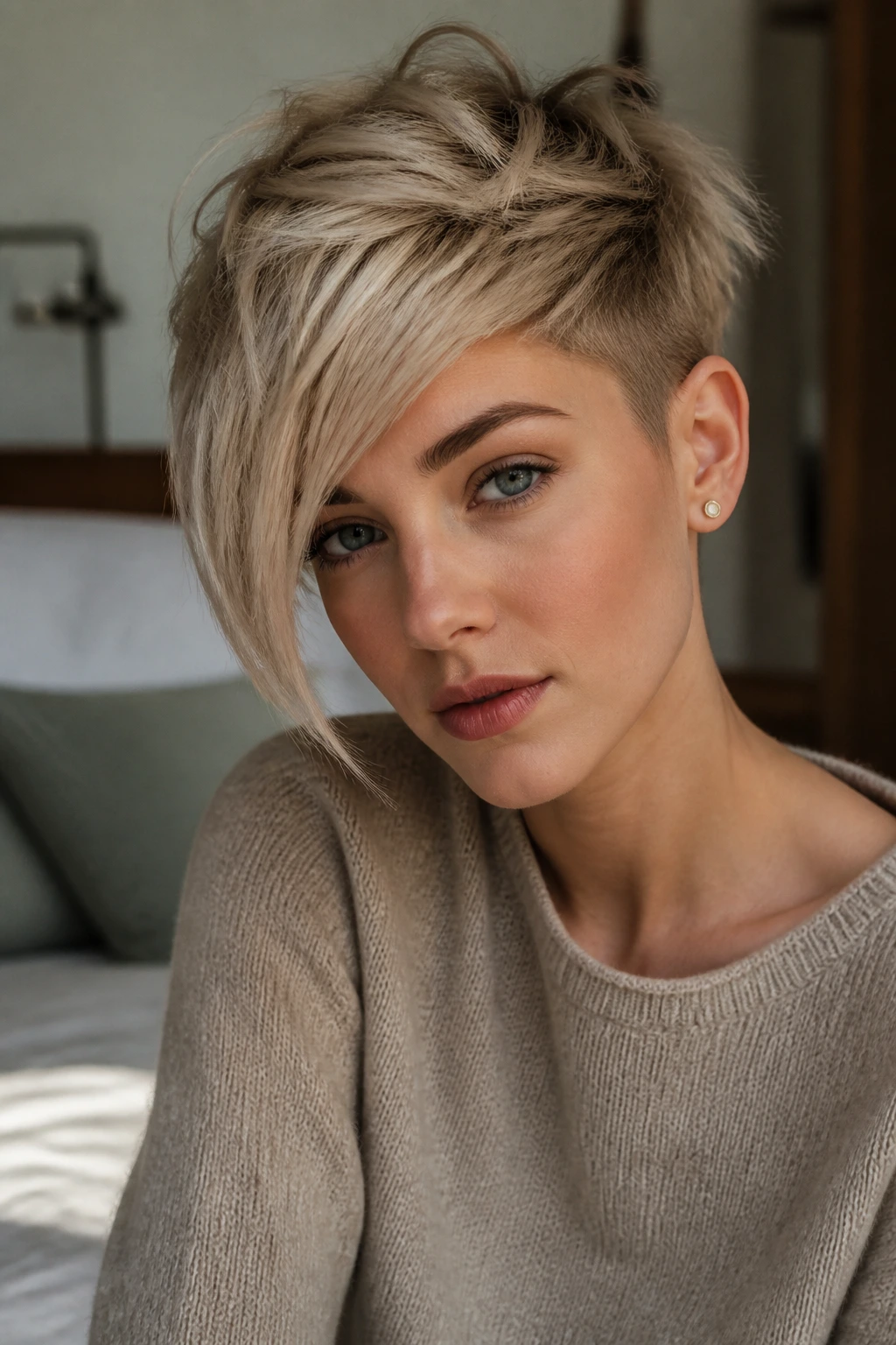 Close-up of a real woman with a piecey crop and long side fringe in warm bedroom light