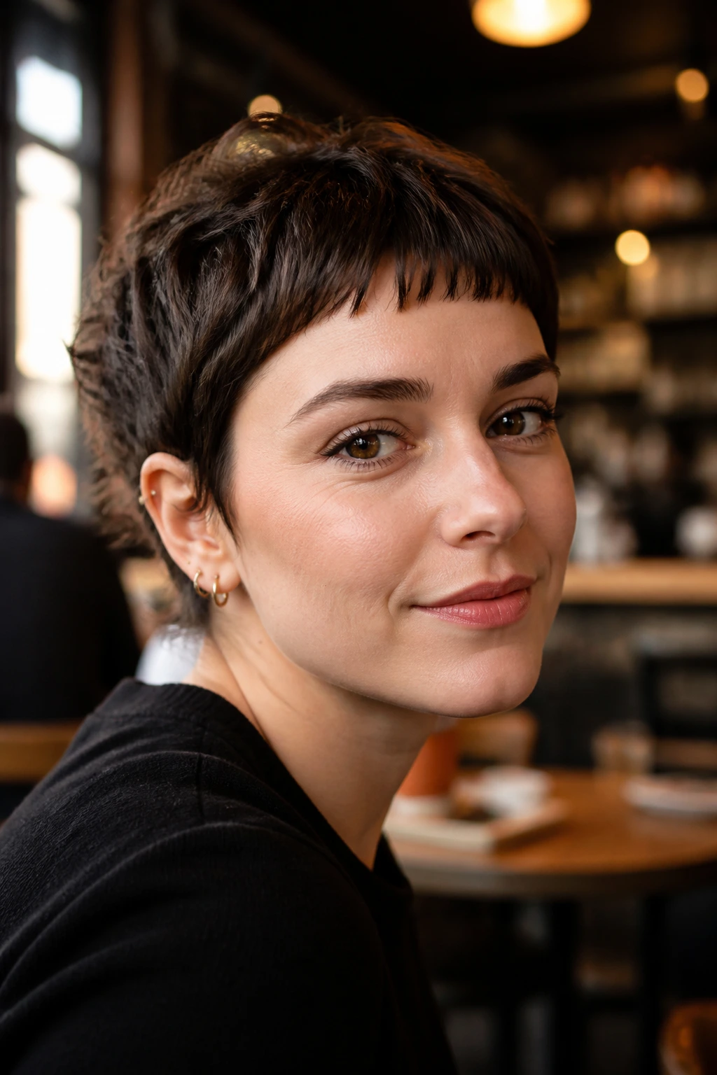 Close-up portrait of a woman with a piecey cropped haircut and micro bangs.