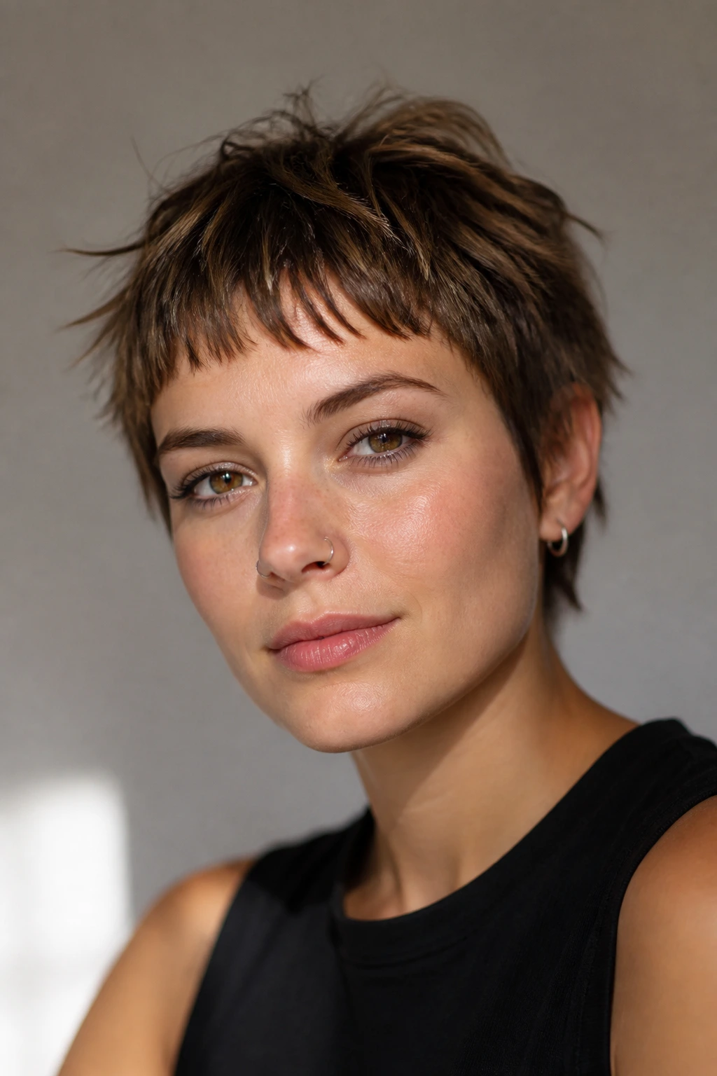 Close-up of a real person with a piecey crop and micro fringe