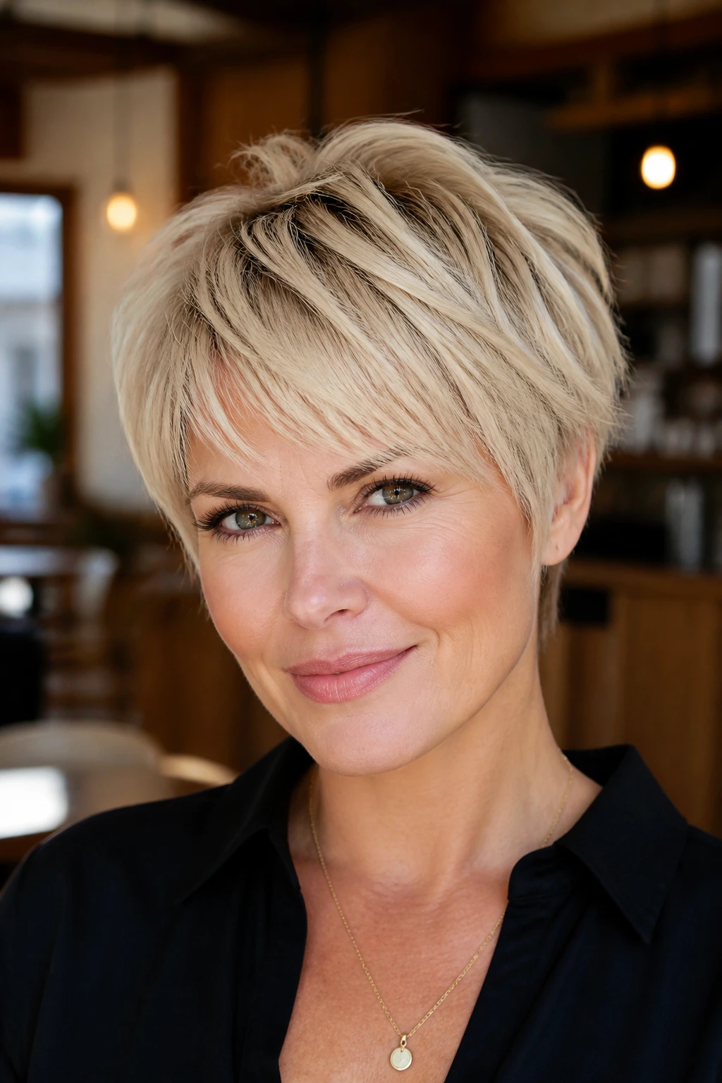 Close-up of a real woman with a micro-layered piecey crop in blonde