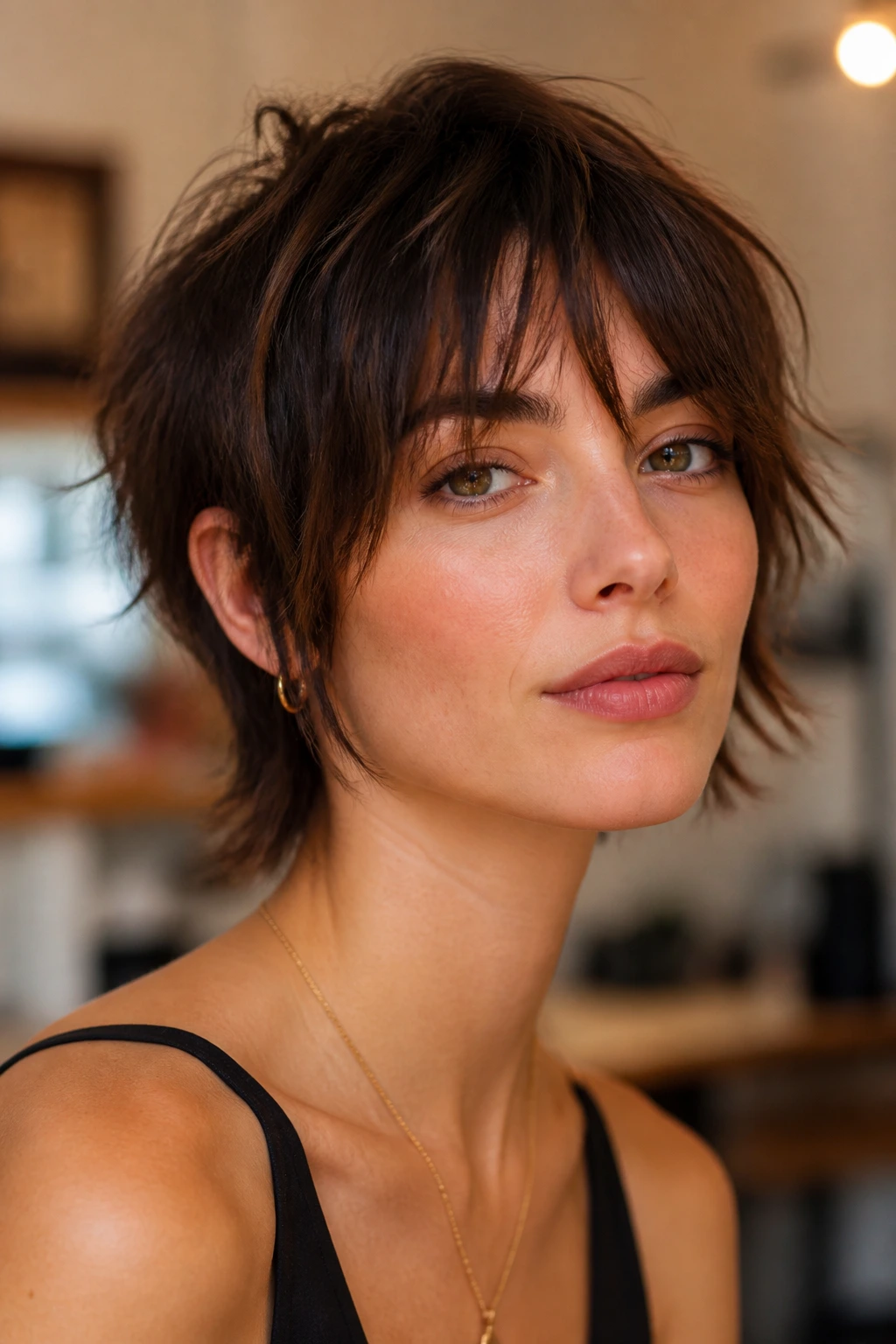 Person with piecey crop shag and bottleneck bangs, portrait shot.