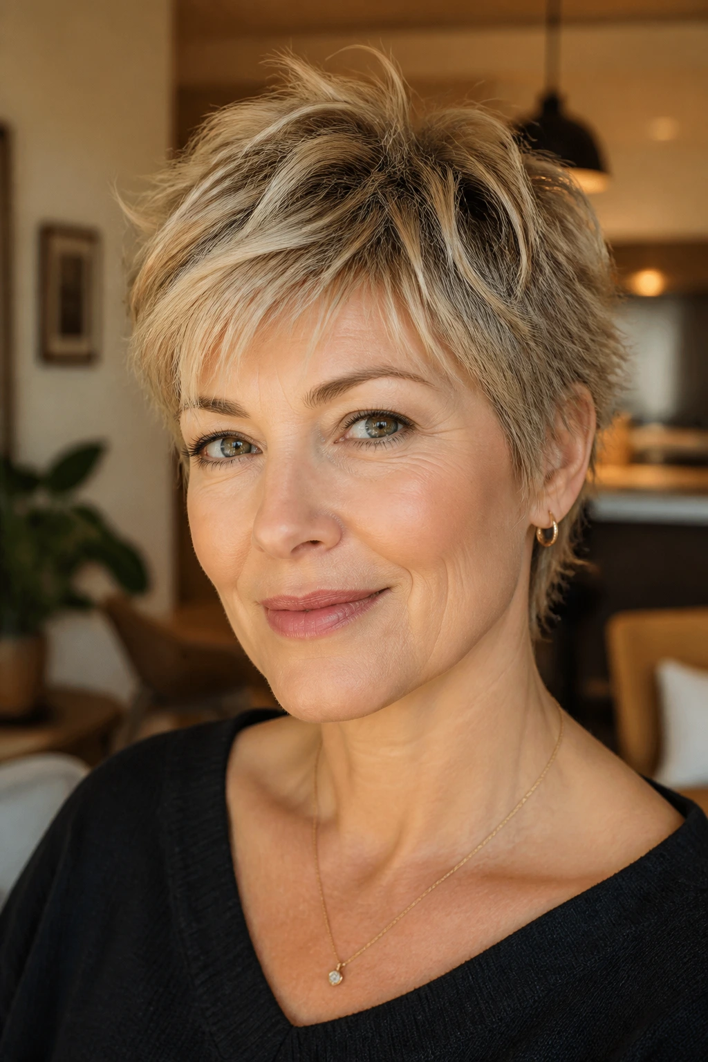 Close-up portrait of a real woman with a piecey crop shag, short choppy layers