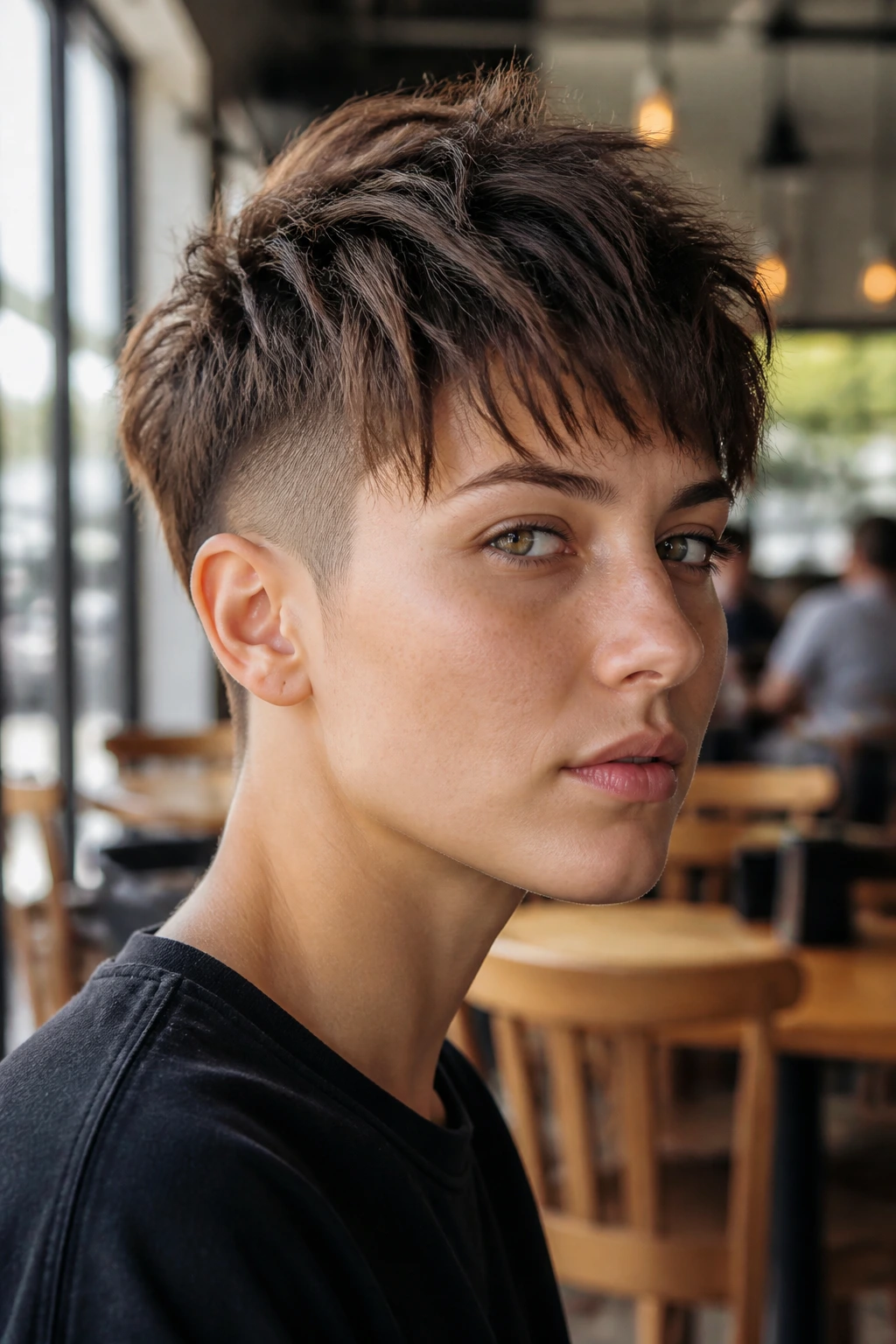 Close-up portrait of real person with piecey crop shag and clipper-short undercut