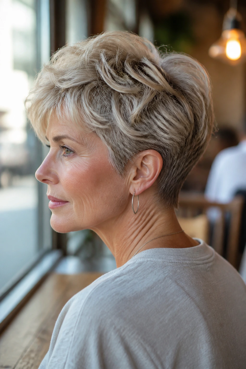 Close-up of piecey crop with tapered neck on a real woman.