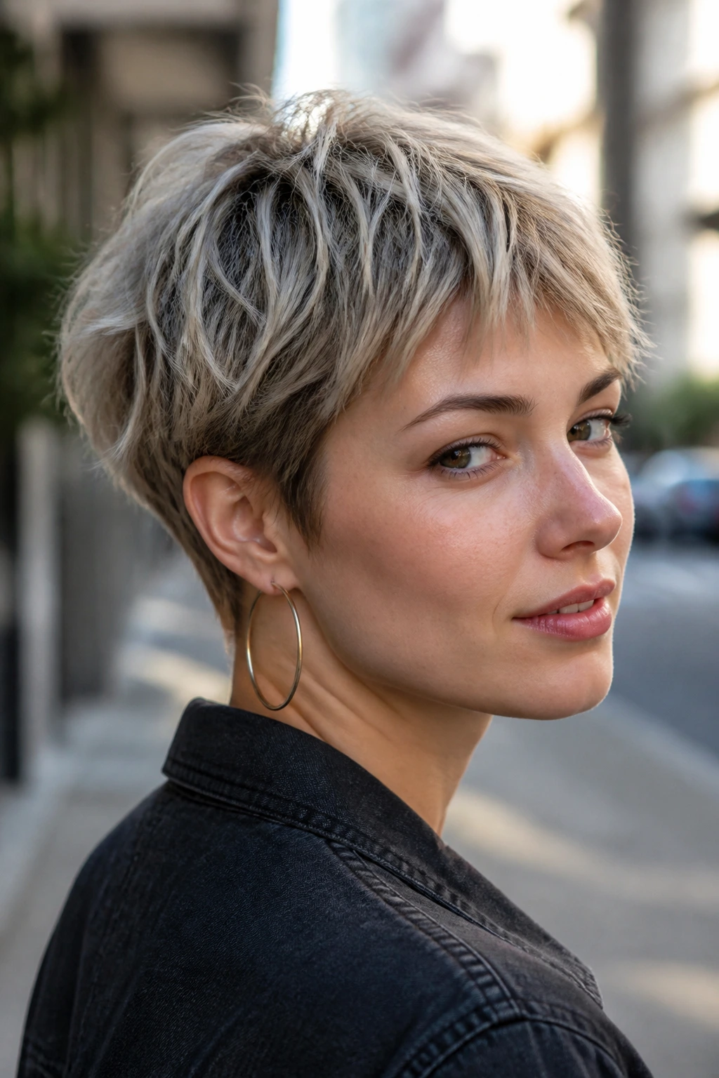 Close-up portrait of a real woman with a piecey crop hairstyle showing texture.