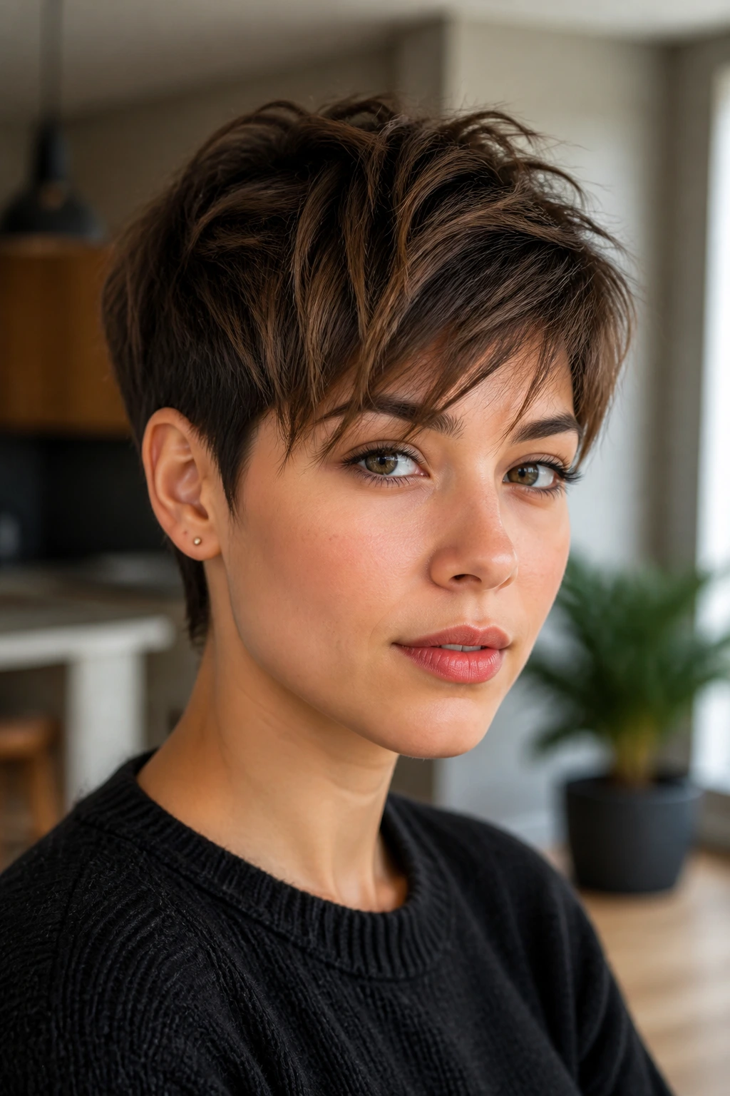 Real person with piecey crop and long top layers showing separated top segments.