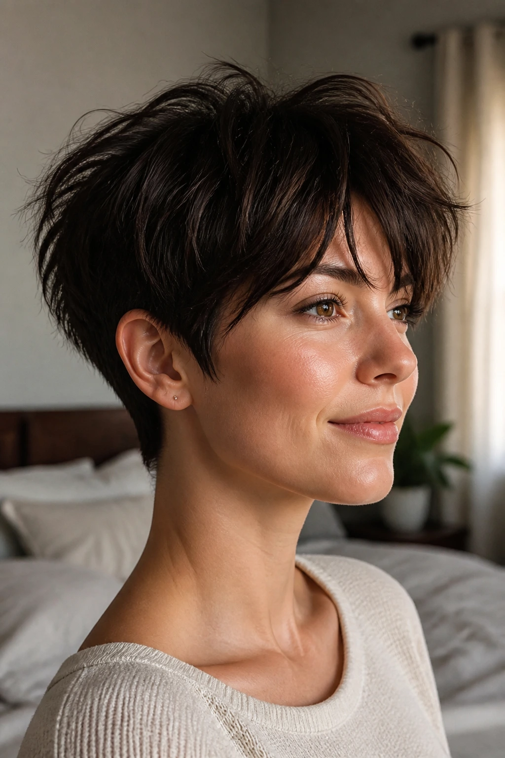 Close-up of a real woman with a short piecey crop and tucked nape in a cozy bedroom light
