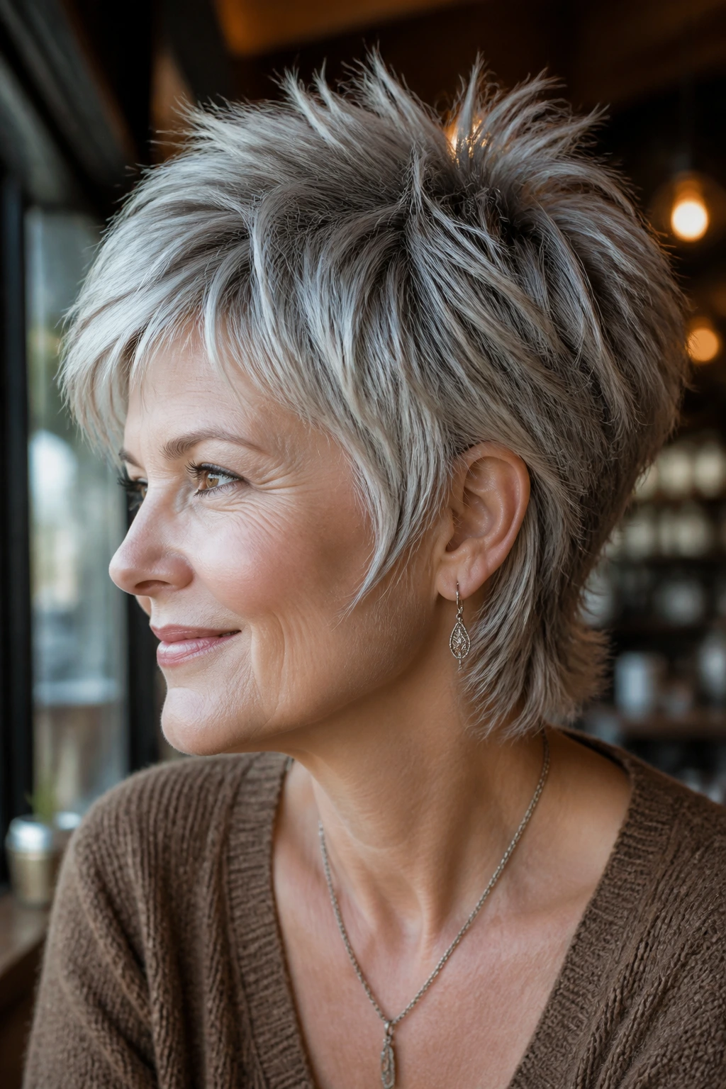 Close-up portrait of a real woman with piecey crown pixie mullet showing separated top sections in natural cafe light