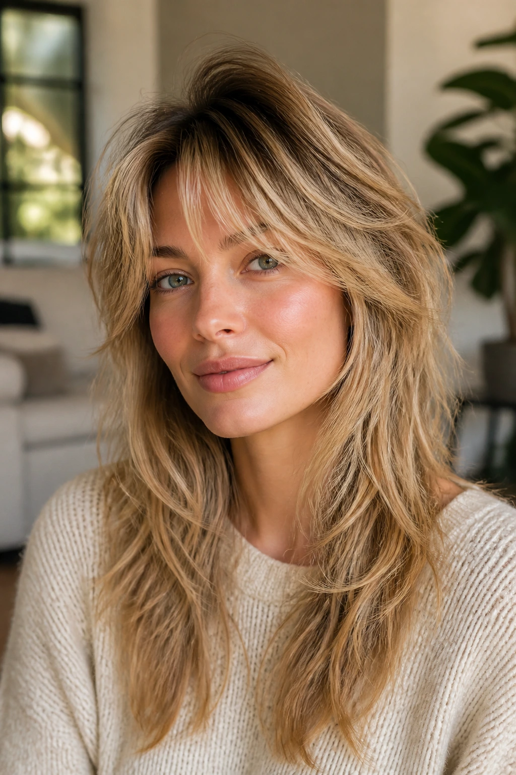 Portrait of a woman with crown-volume shag showing lift at the crown