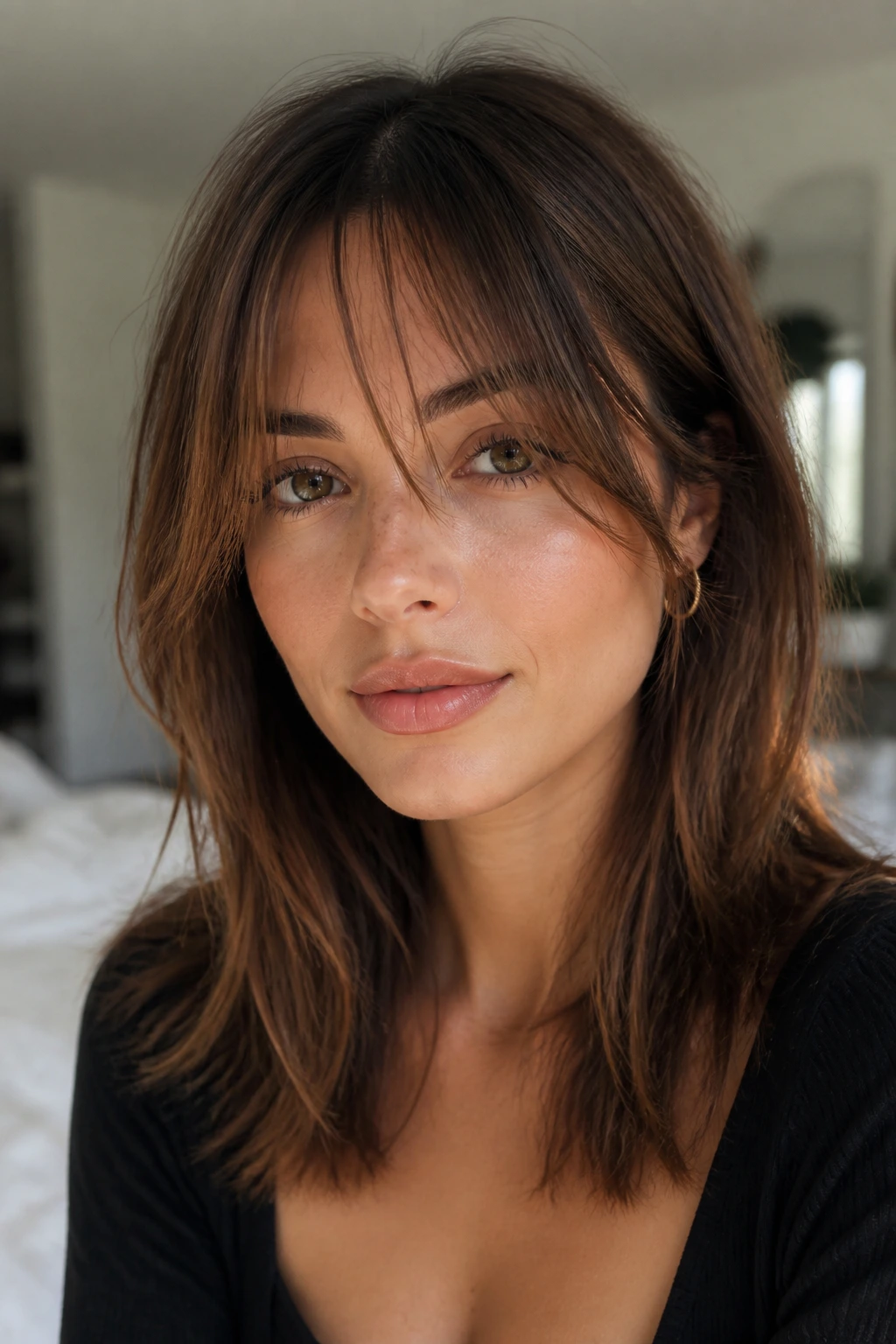 Close-up of a real woman with piecey curtain bangs and textured ends.