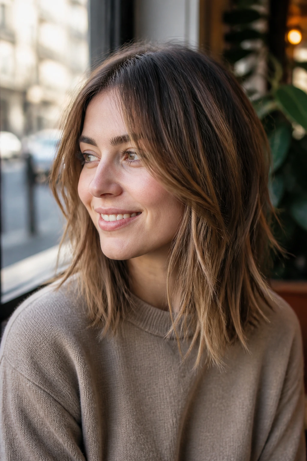 Close-up of a real woman with a piecey cut and razored ends, shoulder-length textured hair